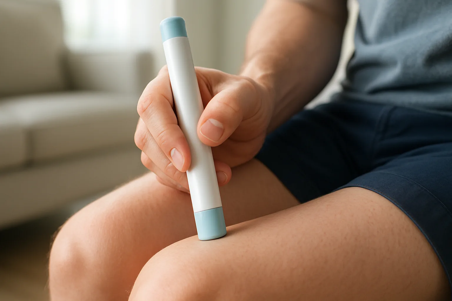 An adult pressing a pale yellow auto-injector pen against the thigh for an at-home subcutaneous injection, the way biologics are delivered.