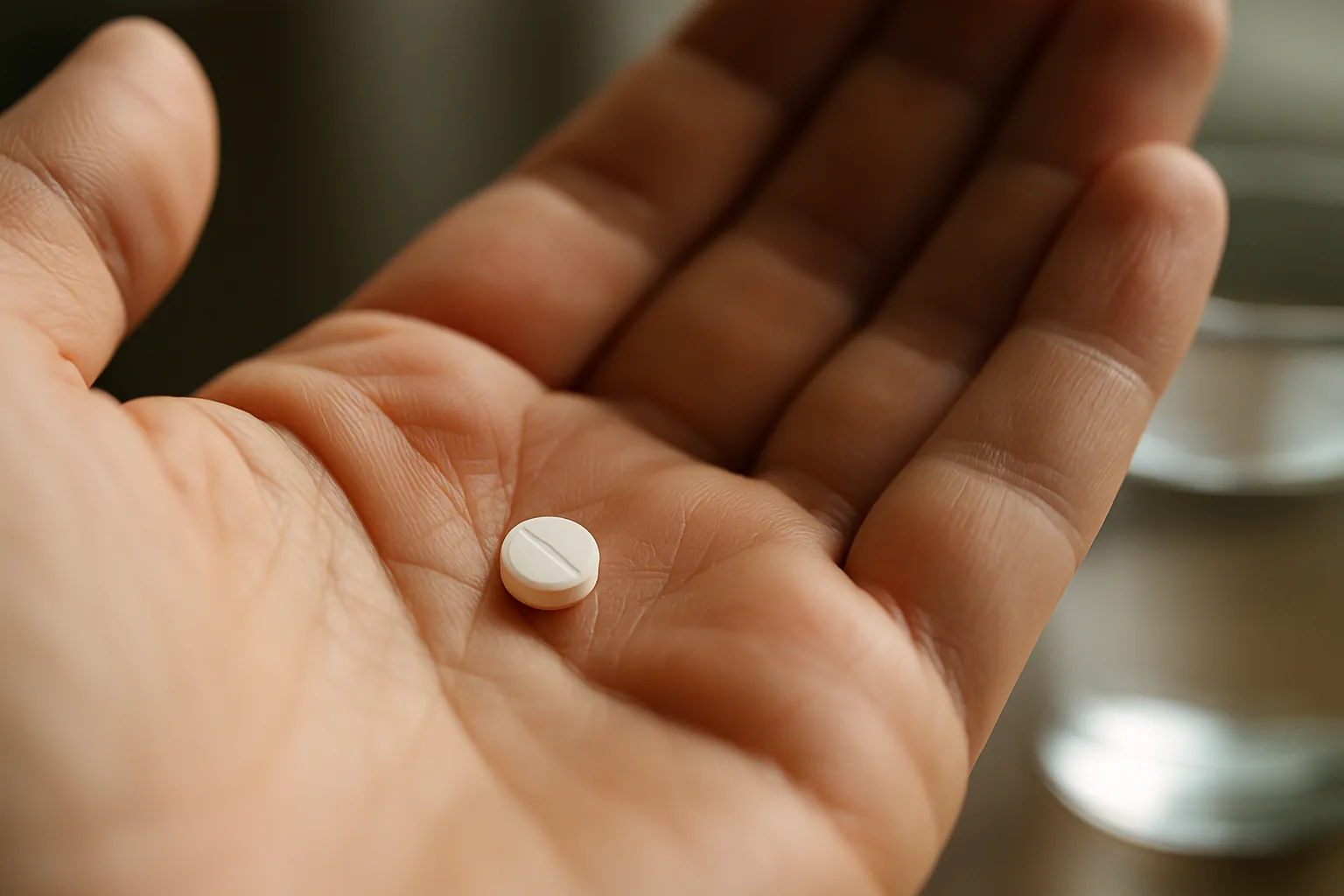 A single white tablet resting in an open palm beside a glass of water, illustrating the daily oral dosing of JAK inhibitors.