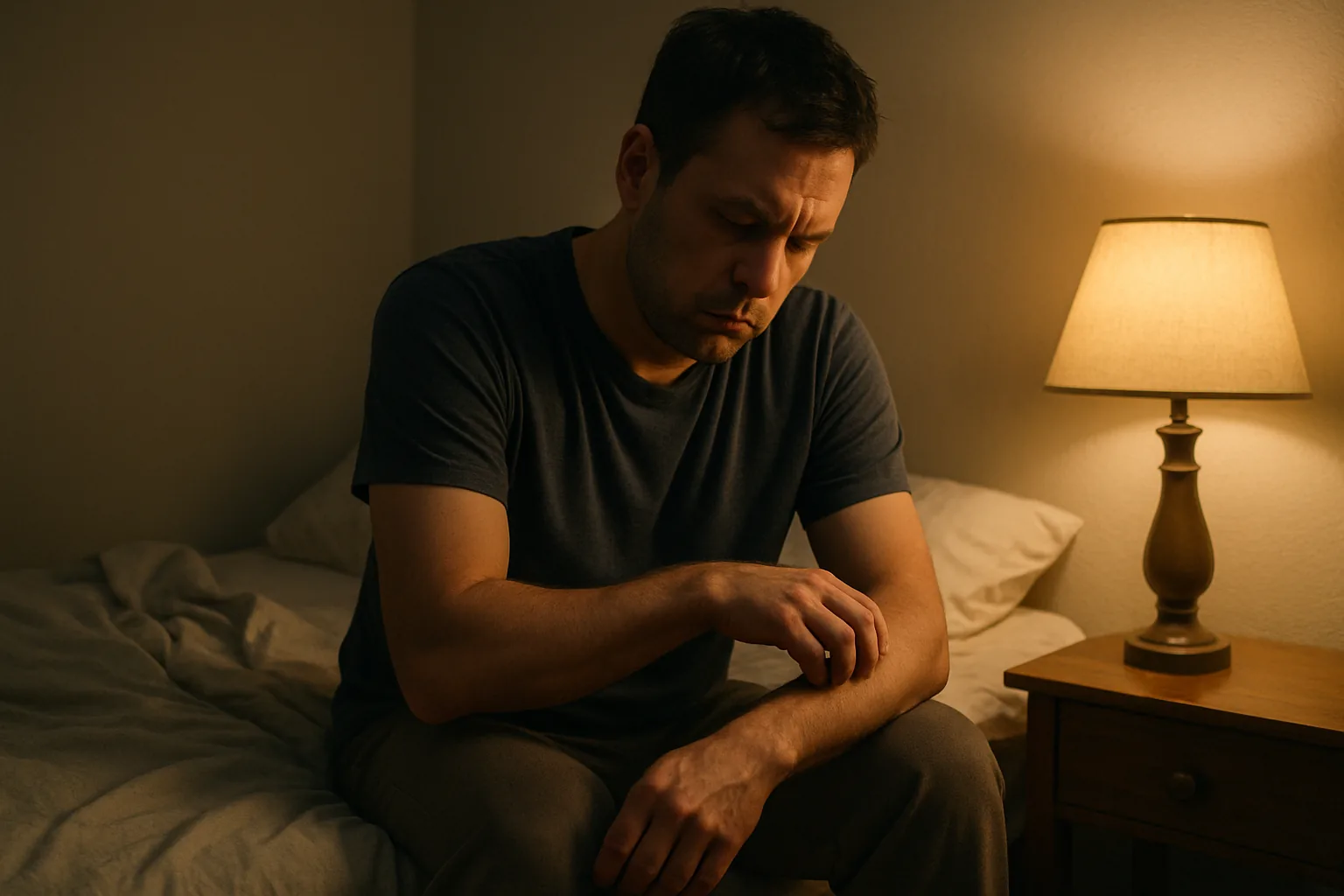 An adult sitting on the edge of a bed at night, scratching an irritated patch on their forearm by lamplight.