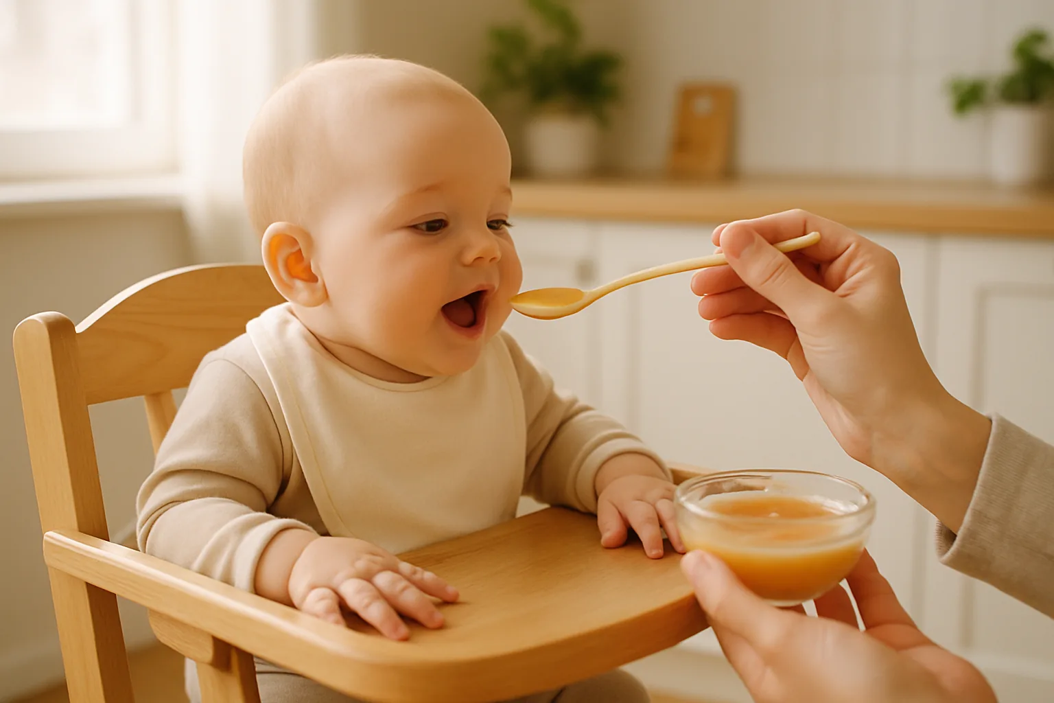 A baby in a high chair being spoon-fed a first taste of pureed food, illustrating the early, guided introduction of allergenic foods that can lower food allergy risk.