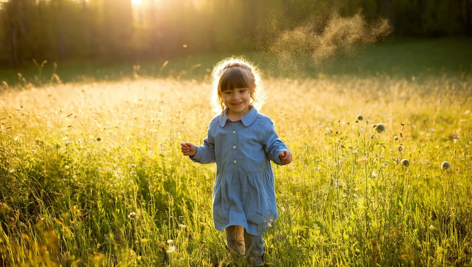 A happy young child walking through a sunlit wildflower meadow, evoking the pollen and environmental allergens tied to the hay fever and asthma stages of the atopic march.