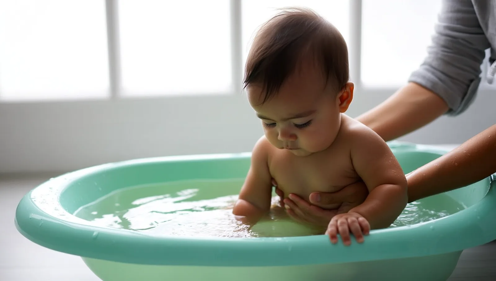 A parent gently bathing a baby in a small tub of shallow, lukewarm water in soft natural light.