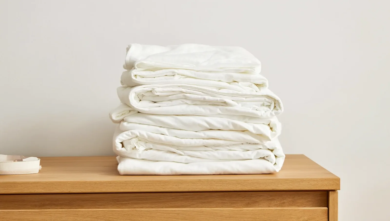 A neat stack of soft, folded cotton baby clothes and bedding on a wooden dresser in a bright nursery.