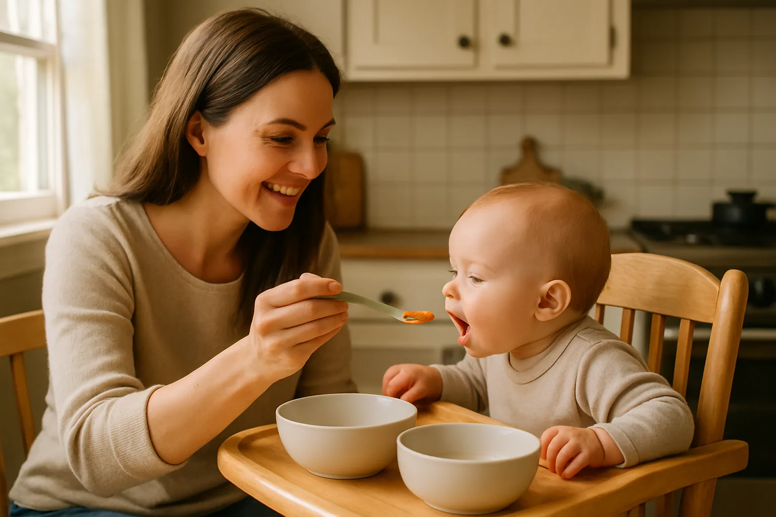 Mother spoon-feeding a baby in a high chair