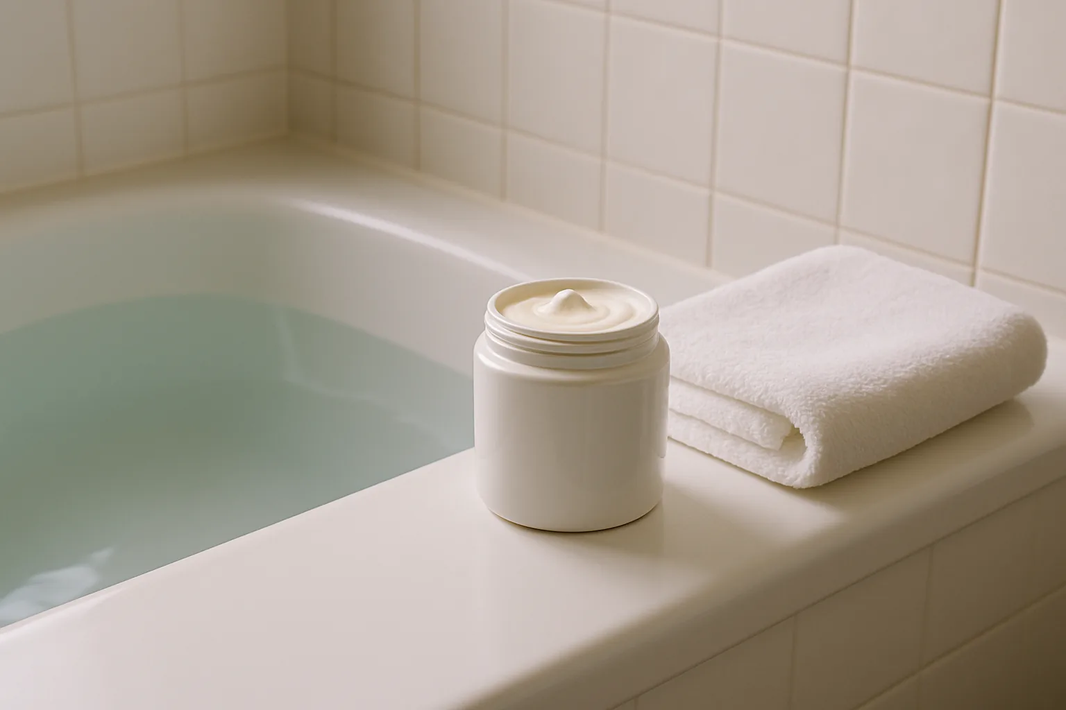 A cream jar and folded towel on the rim of a full bathtub