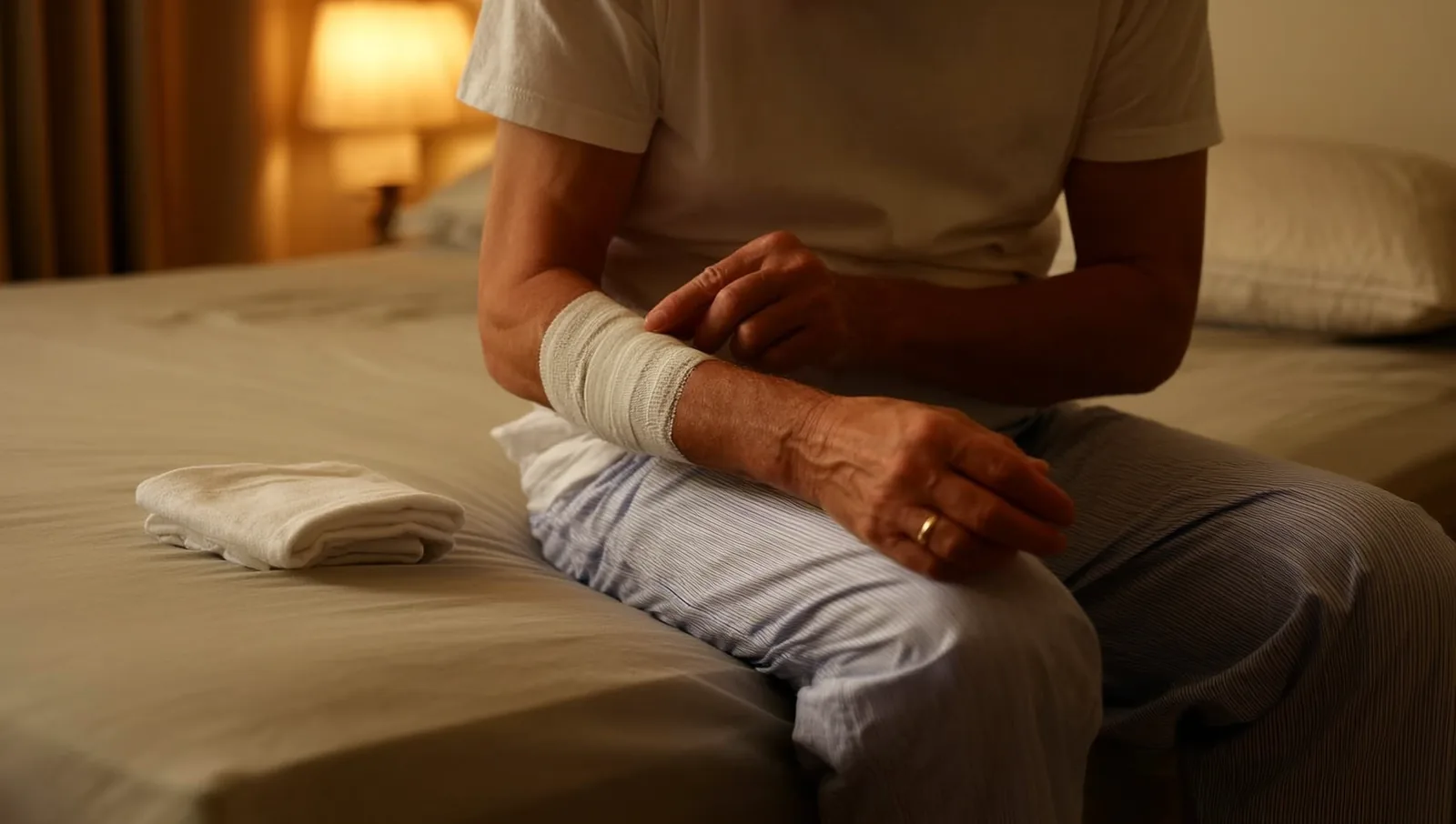 A person wrapping a cotton bandage around their forearm