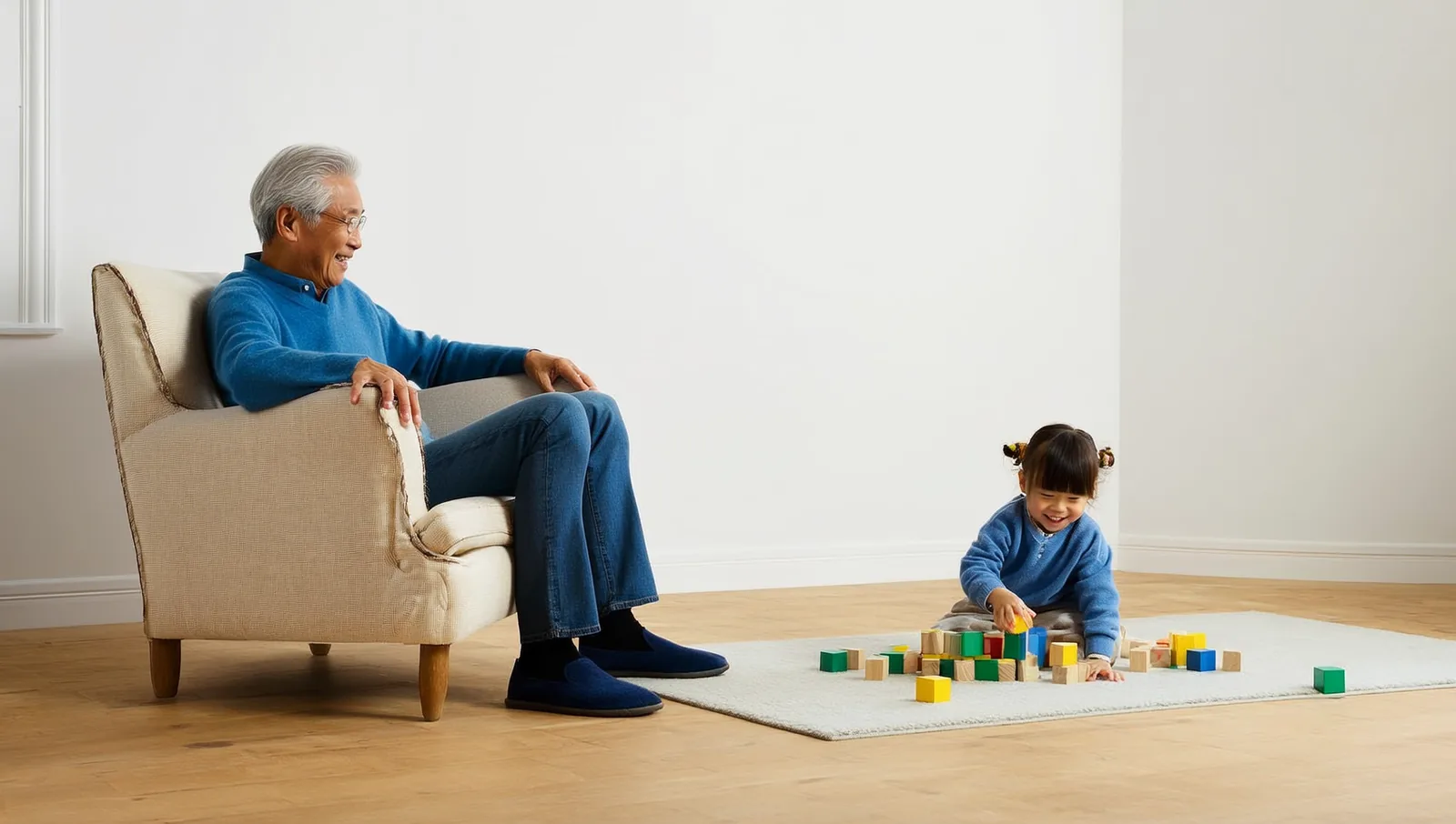 A grandparent seated in an armchair smiling across the room at a young child playing with wooden blocks on a rug several feet away.