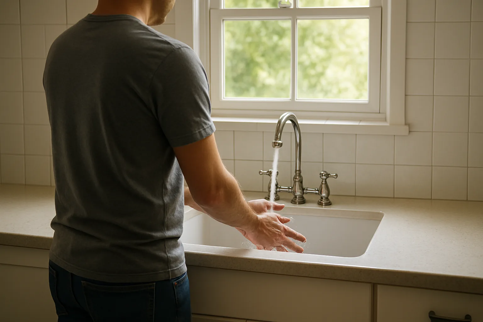 An adult standing at a bright kitchen sink rinsing their hands under running water.