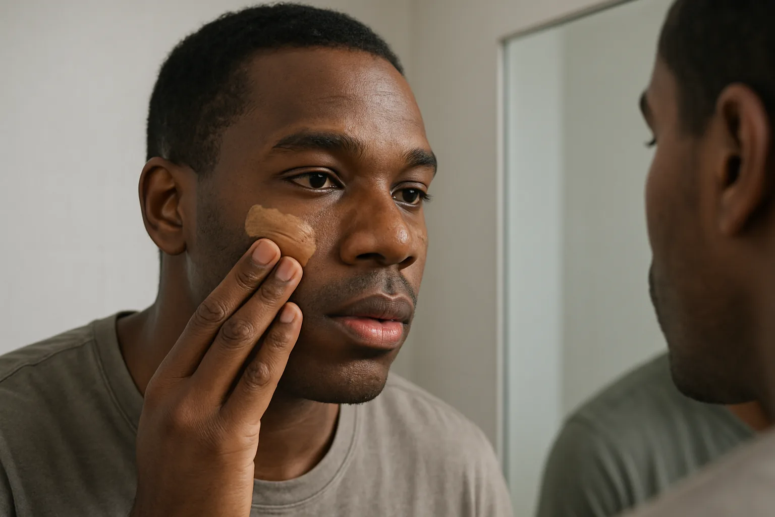 Man blending tinted sunscreen into his cheek