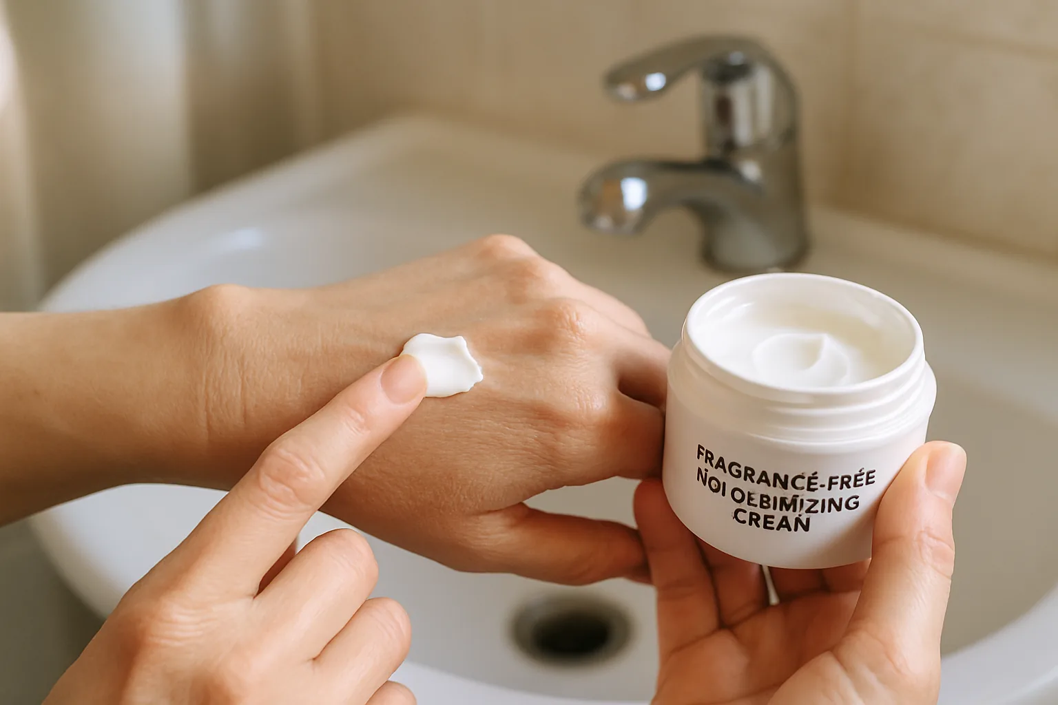 A person applying fragrance-free moisturizing cream to the back of a dry hand, a key barrier-care step for contact and hand eczema.